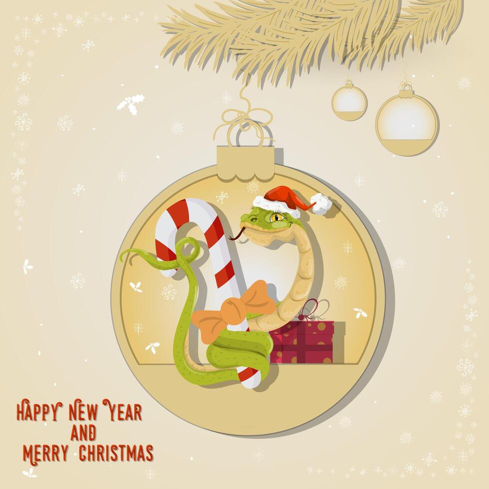 Illustration of the New Year and Christmas A snake wraps around a candy in a Christmas tree ball hanging on a branch vector
