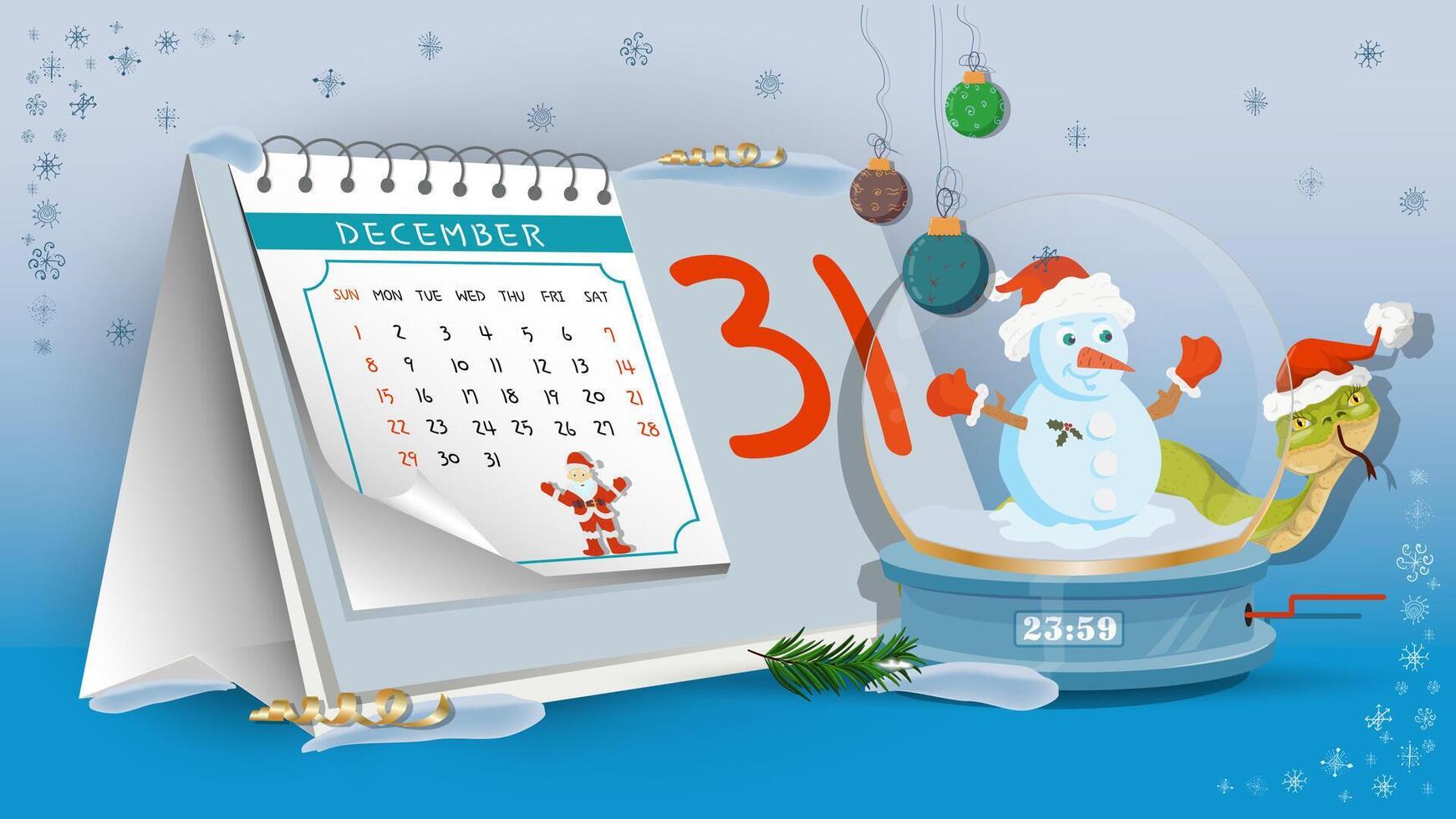 Illustration of the New Year and Christmas A glass ball with a snowman inside on a calendar background vector