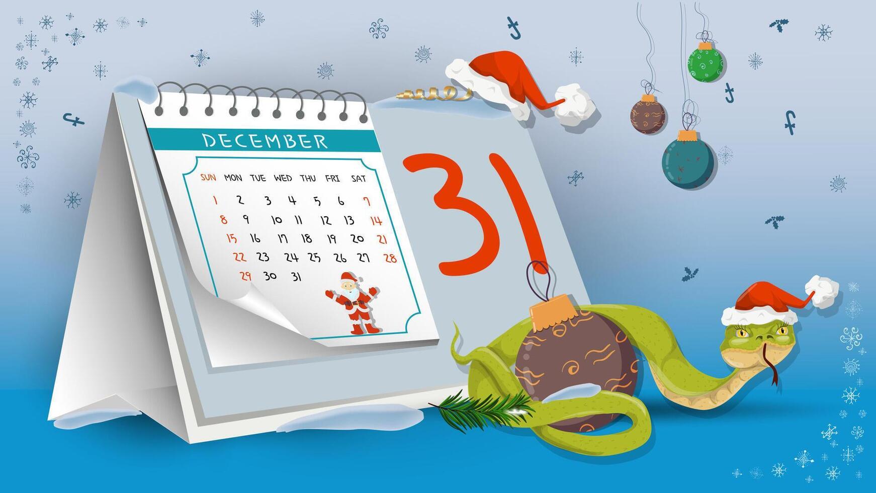 Illustration of the New Year and Christmas A snake wraps around a toy for a fir tree on a calendar background vector