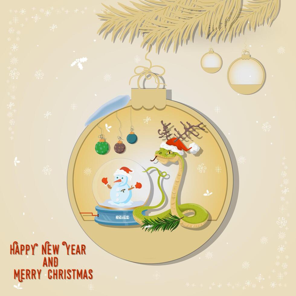 Illustration of the New Year and Christmas A snake with a glass ball in a Christmas tree ball hanging on a branch vector