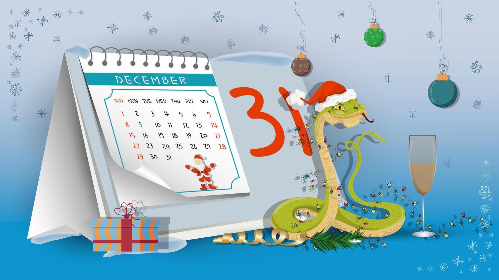 Illustration of the New Year and Christmas a snake wrapped in garlands on a calendar background vector