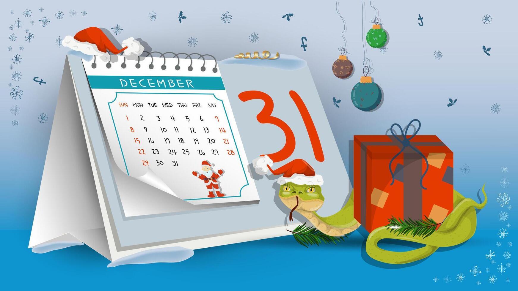 Illustration of the New Year and Christmas A snake wraps around a gift box on a calendar background vector