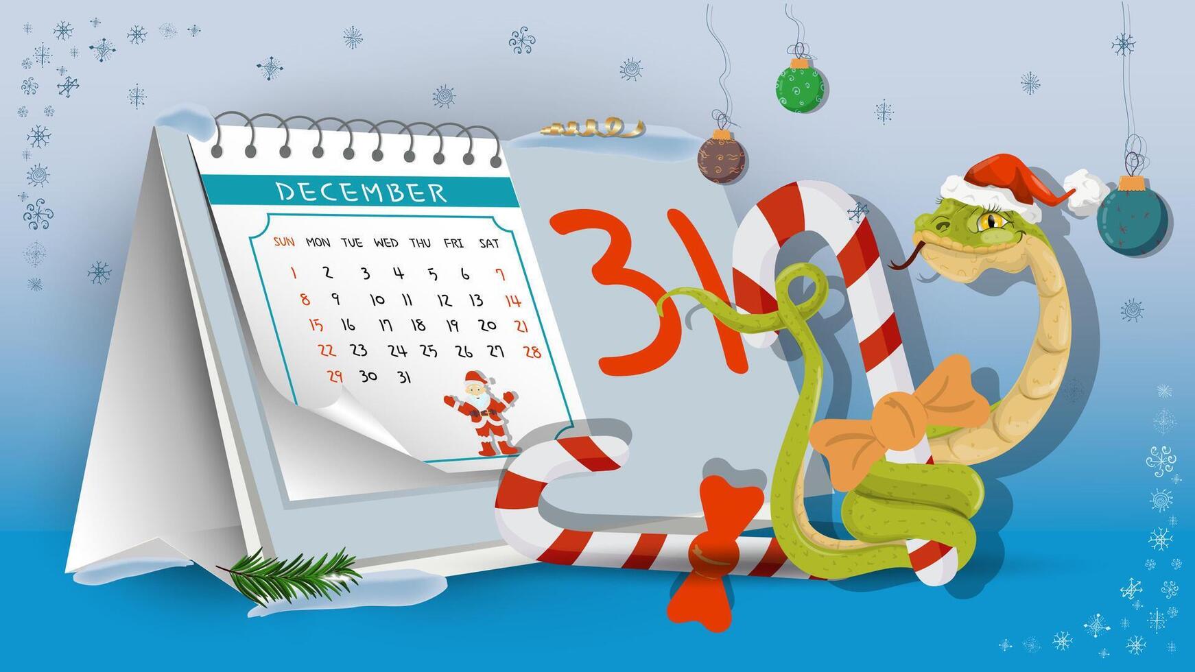 Illustration of the New Year and Christmas A snake wraps around a festive candy on a calendar background vector
