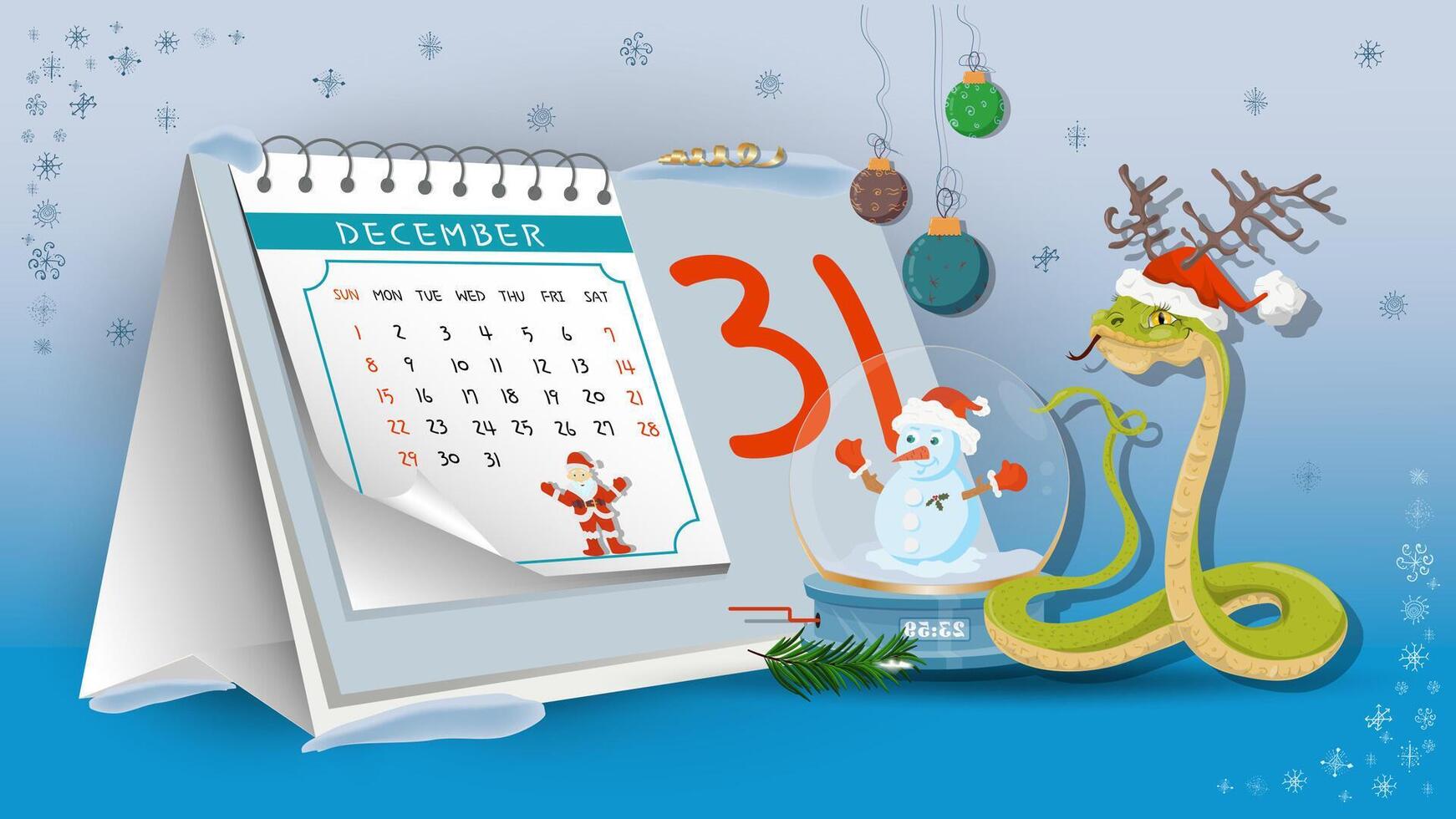 Illustration of New Year and Christmas a snake with a glass ball on a calendar background vector