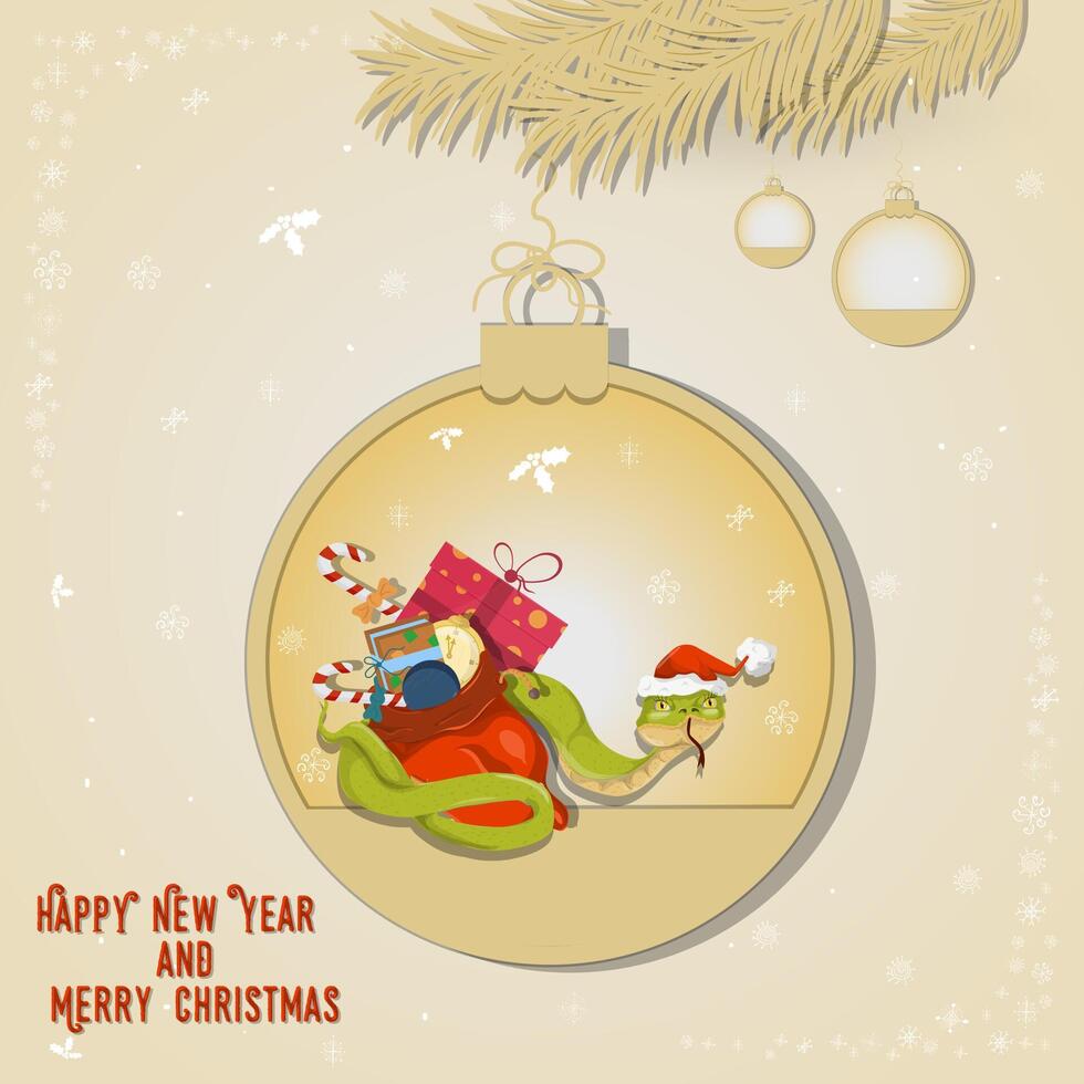 Illustration of the New Year and Christmas A snake wraps around a bag of gifts in a Christmas tree ball hanging on a branch vector
