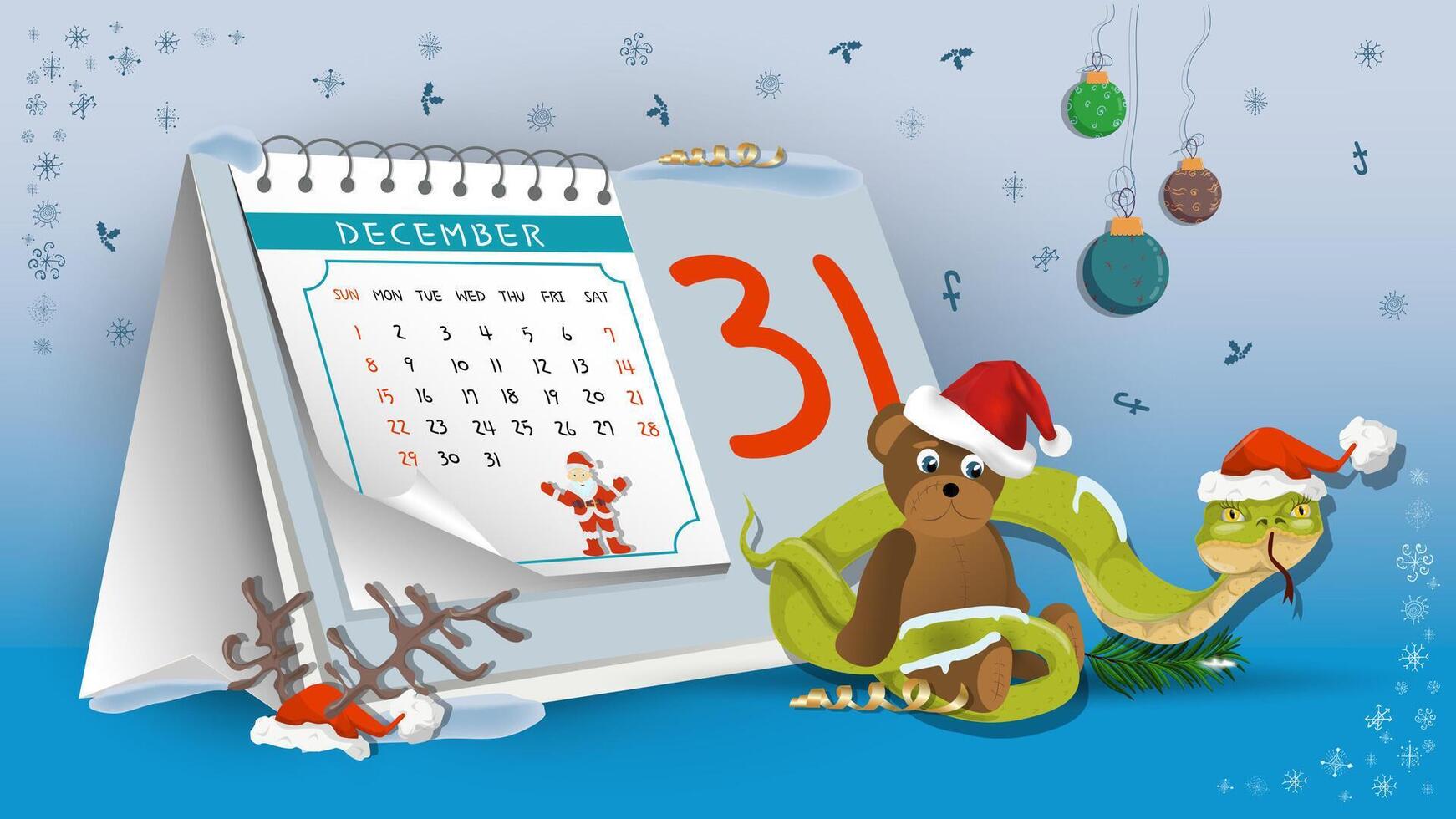 Illustration of the New Year and Christmas A snake wraps around a bear toy on a calendar background vector