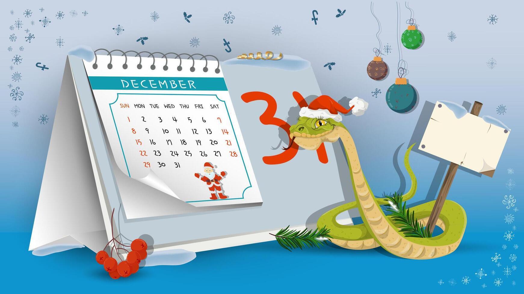 Illustration of the New Year and Christmas a snake with a wooden plaque on the background of the calendar vector