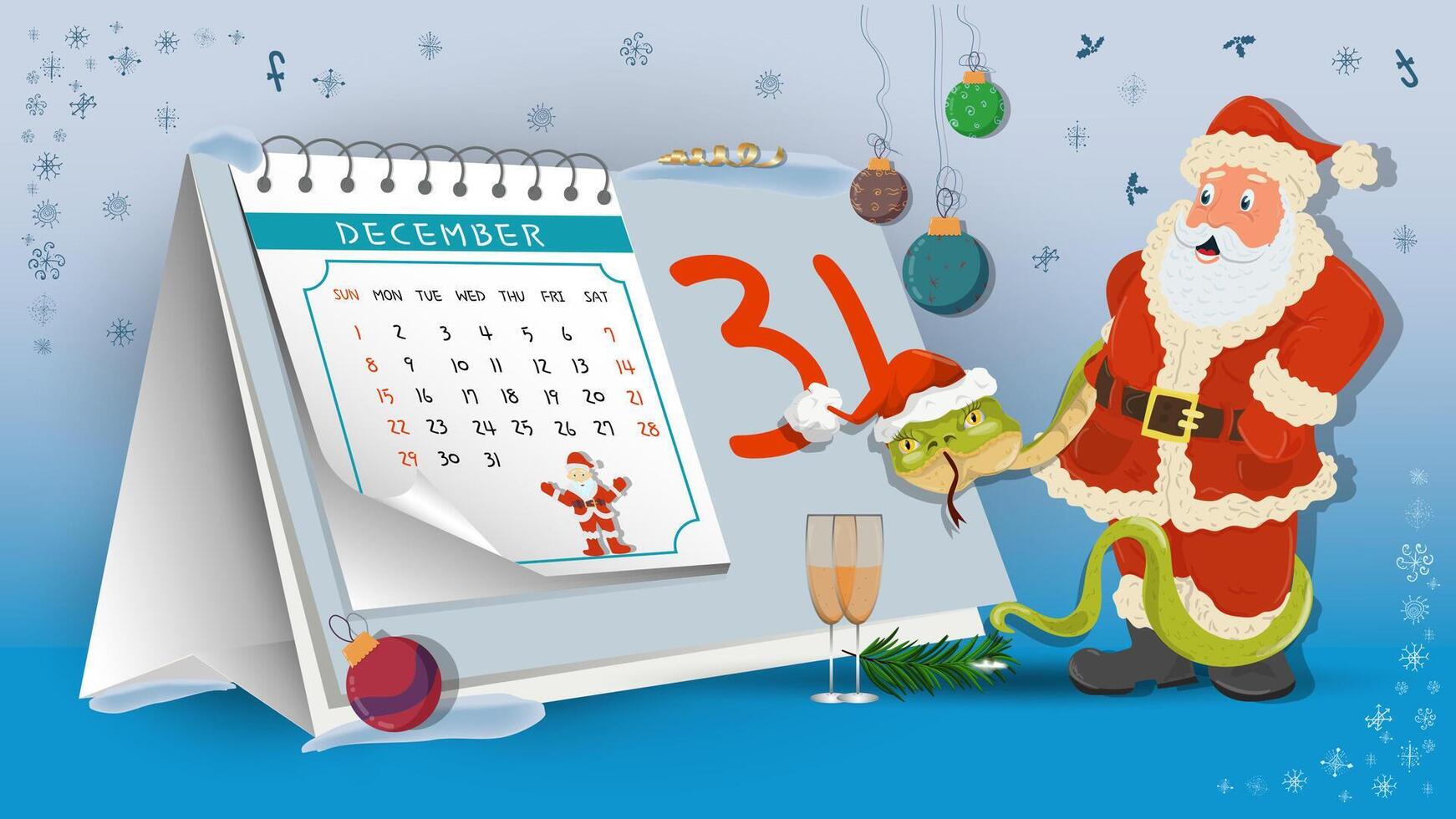 Illustration of New Year and Christmas Santa Claus looks at the date on the calendar background vector