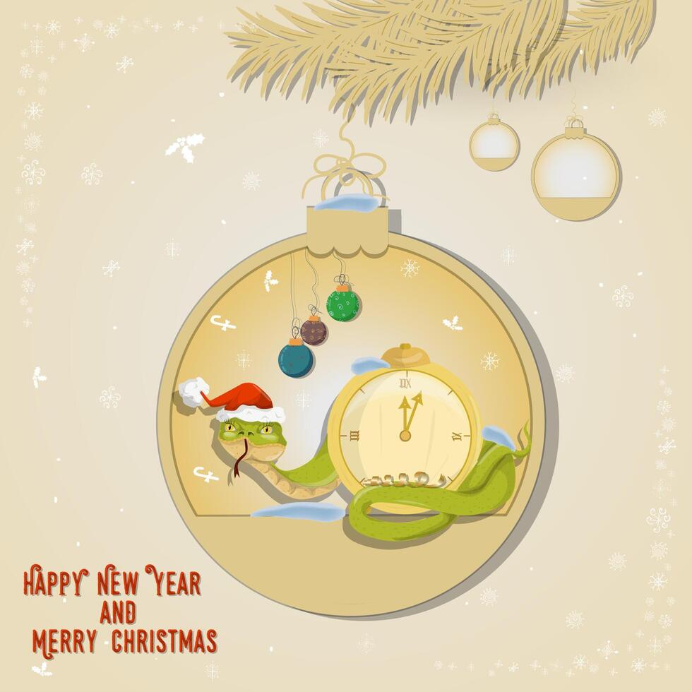 Illustration of the New Year and Christmas A snake wraps around a clock in a Christmas tree ball hanging on a branch vector