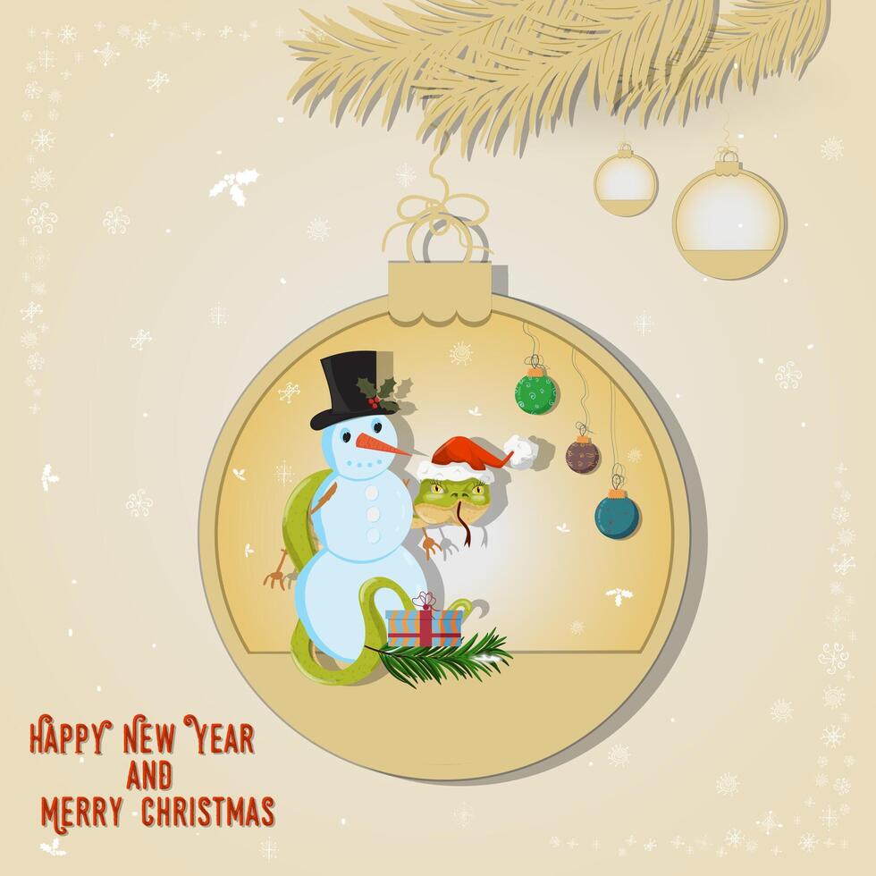 Illustration of the New Year and Christmas A snake wraps around a Snowman in a Christmas tree ball hanging on a branch vector
