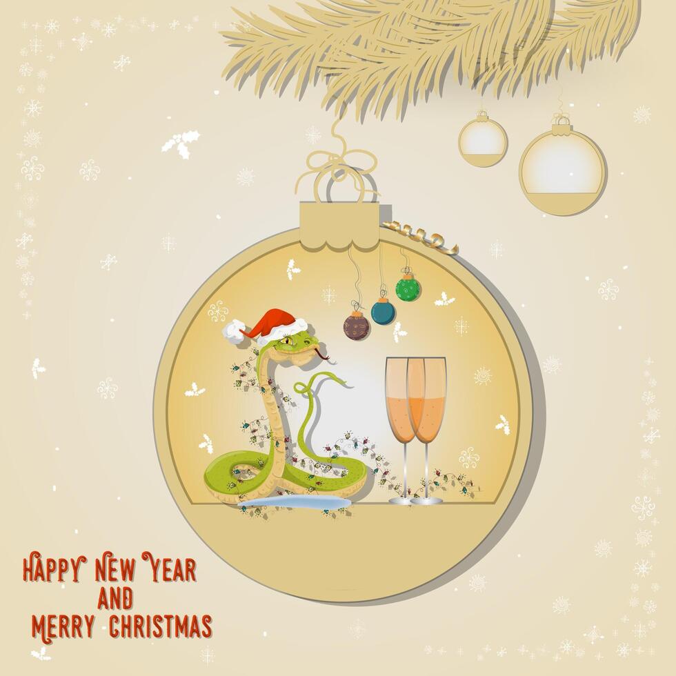 Illustration of the New Year and Christmas A snake wrapped in a garland in a Christmas tree ball hanging on a branch vector