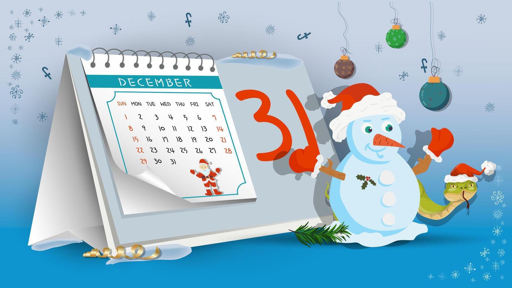 Illustration of the New Year and Christmas a Snowman in a Santa hat on a calendar background vector