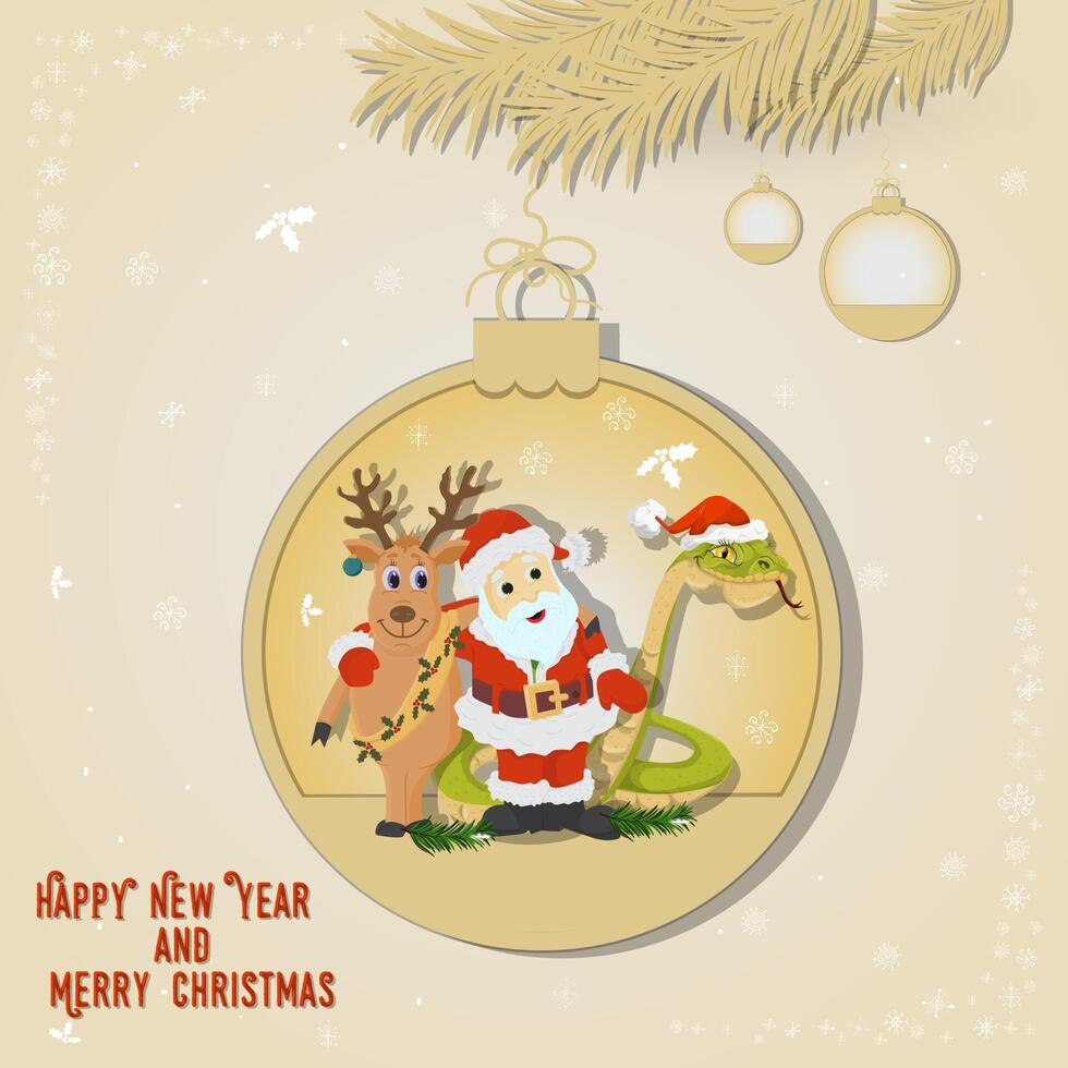 Illustration of the New Year and Christmas A snake and Santa and a deer hugging in a Christmas tree ball hanging on a branch vector