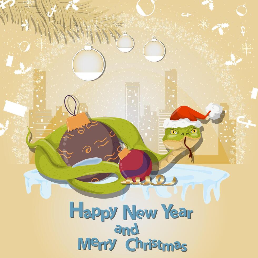 Illustration of the New Year and Christmas A snake wraps around a Christmas tree toy in a circle of snowflakes and a city in the background vector