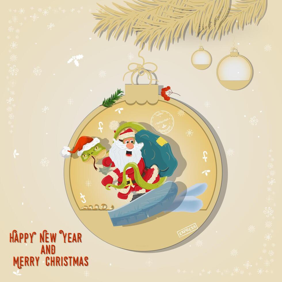 Illustration of the New Year and Christmas a snake and Santa snowboarding in a Christmas tree ball hanging on a branch vector