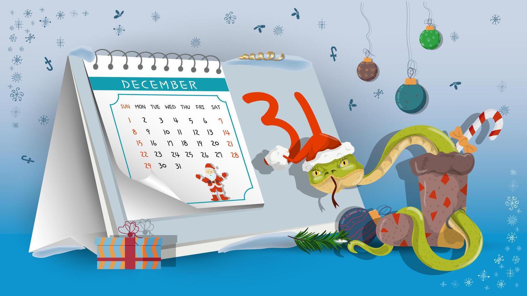 Illustration of the New Year and Christmas A snake coming out of a Christmas sock on a calendar background vector