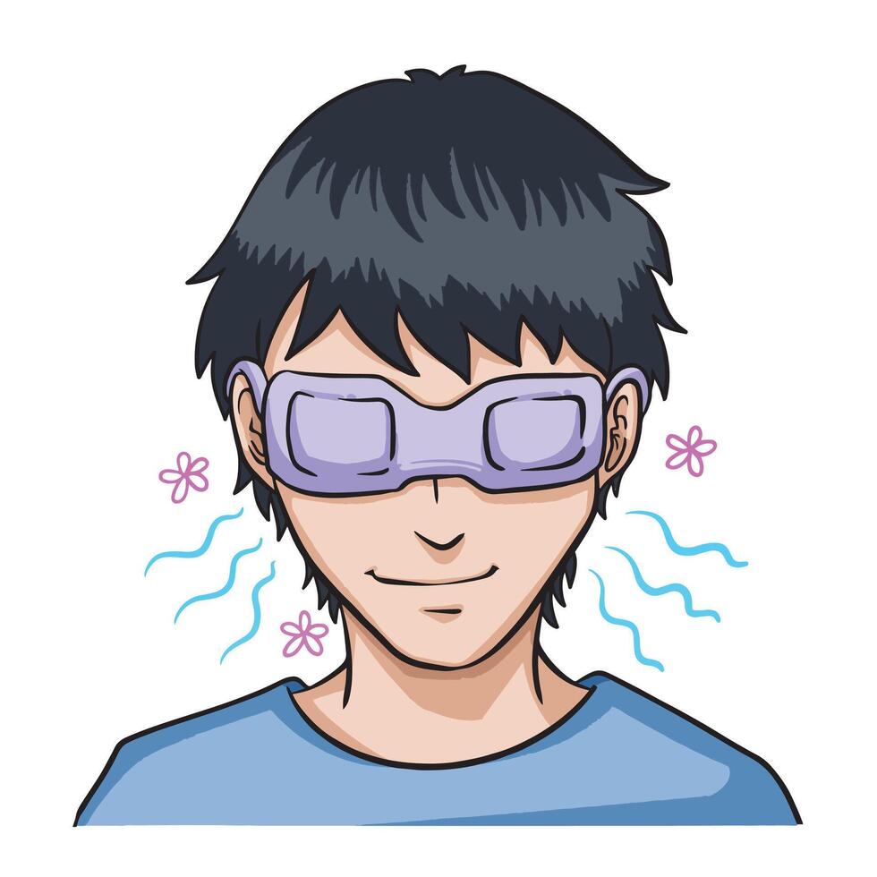 Man wearing steaming warm eye mask for tired eyes colorful illustration isolated on square white background. Simple flat cartoon art styled drawing. vector