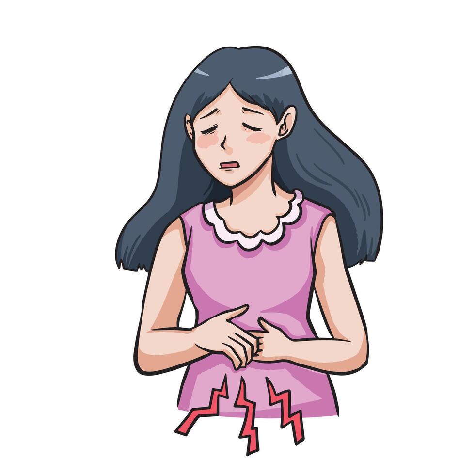 Young adult women with long hair and pink clothes having menstrual cramps or abdominal stomach pain colorful illustration isolated on square white background. vector