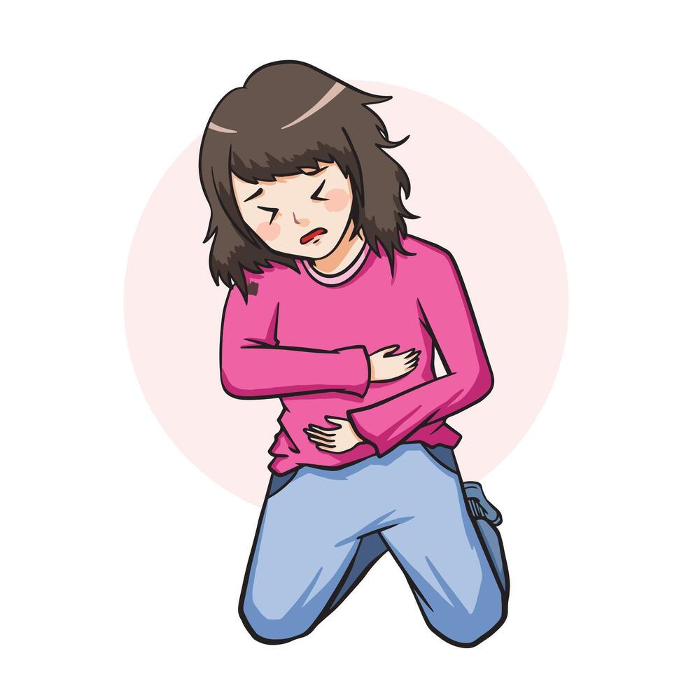 Young adult teen girl with pink shirt and long hair having menstrual cramps or abdominal stomach pain. Colorful outlined illustration isolated on square white background. vector
