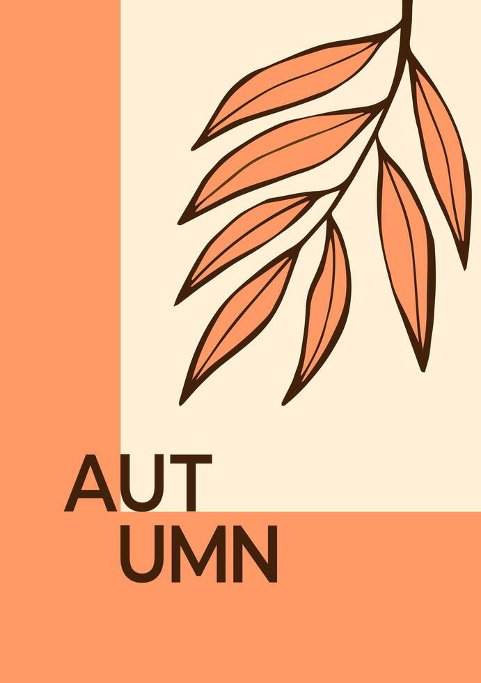 Fall Autumn modern poster with trendy font. Card with willow branch in hand drawn style. Minimalist flyer for advertising, marketing, sales, social media, web. vector