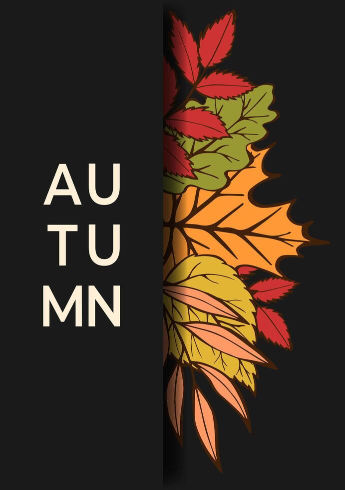 Autumn modern poster with trendy font. Card with fall leaves of maple, oak, birch, rowan, willow in hand drawn style. Black flyer for advertising, marketing, sales, social media, web. vector