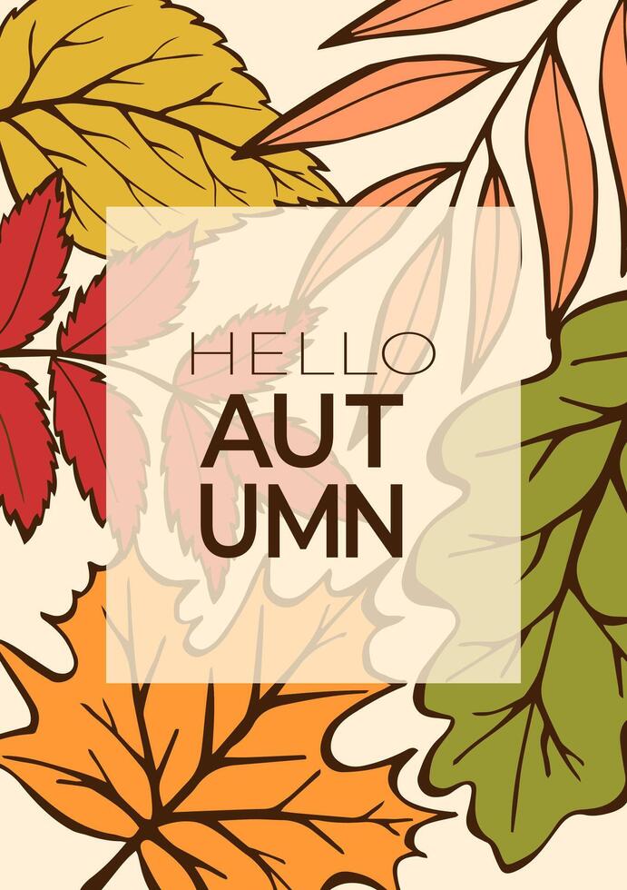 Autumn Cute poster with trendy font. Card with fall leaves of maple, oak, birch, rowan, willow in hand drawn style. modern flyer for advertising, marketing, sales, social media, web. vector