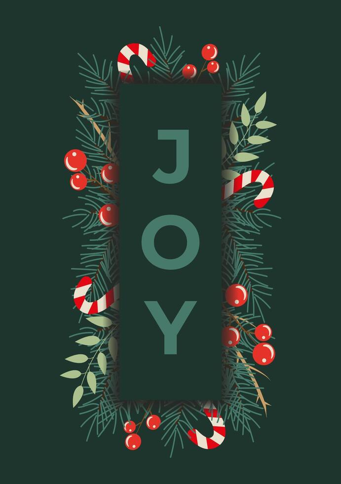 Modern Christmas Poster with Spruce Branch, Berries, candy. Fun and Bright Universal Art Templates. Traditional Christmas and New Year Poster with Trendy Fonts for Social media, Website, sale. vector