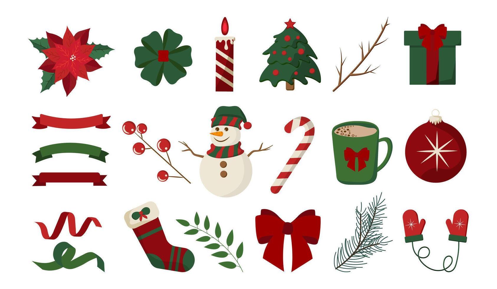 Merry Christmas and Happy New Year Holiday Icons in Flat Style on White Background. Illustration Tree, Christmas Candy, Mittens, Sock, Bow, Gift Box, Candle, Toy, Hot Chocolate, Poinsettia. vector