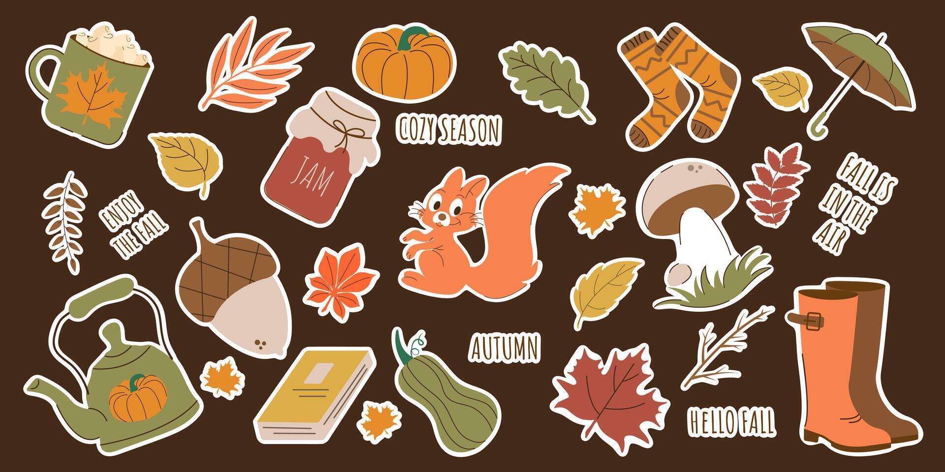 Seasonal Autumn stickers set. Cozy Fall Elements Collection in flat style. Leaves, pumpkins, squirrel, mushroom, umbrella, jam, teapot, socks and other icons in minimalist style. vector