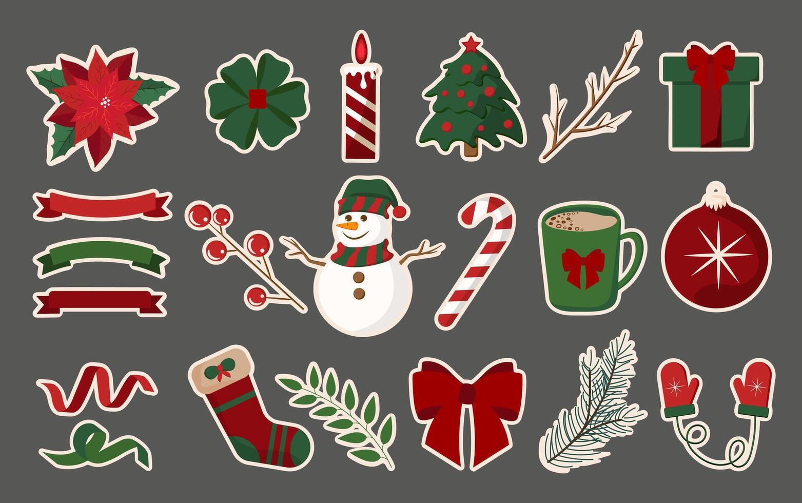 Collection of Cute Christmas Flat Stickers. Minimalistic Bright Elements for Merry Christmas and Happy New Year. Festive Xmas Icons for banners, posters, cards, web, social media. Illustration. vector