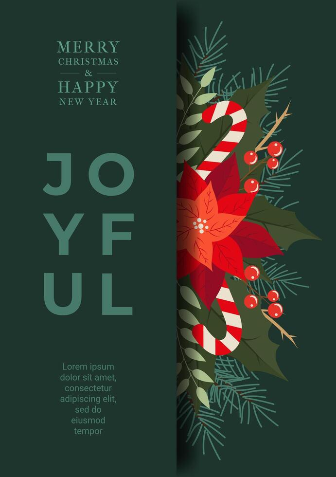 Trendy Christmas and Happy New Year poster with Spruce Branch, Poinsettia, Berries, Candy. Bright Universal Art Templates. Traditional Xmas Poster with Trendy Fonts for Social media, Website, sale. vector