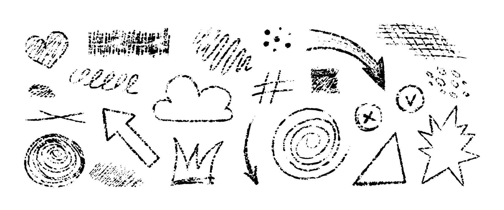 Chalk brush lines, arrows. Crayon grunge elements, circle, heart, abstract, square, frame, cross, underlines. Hand drawn pencil scribbles on white background. set vector
