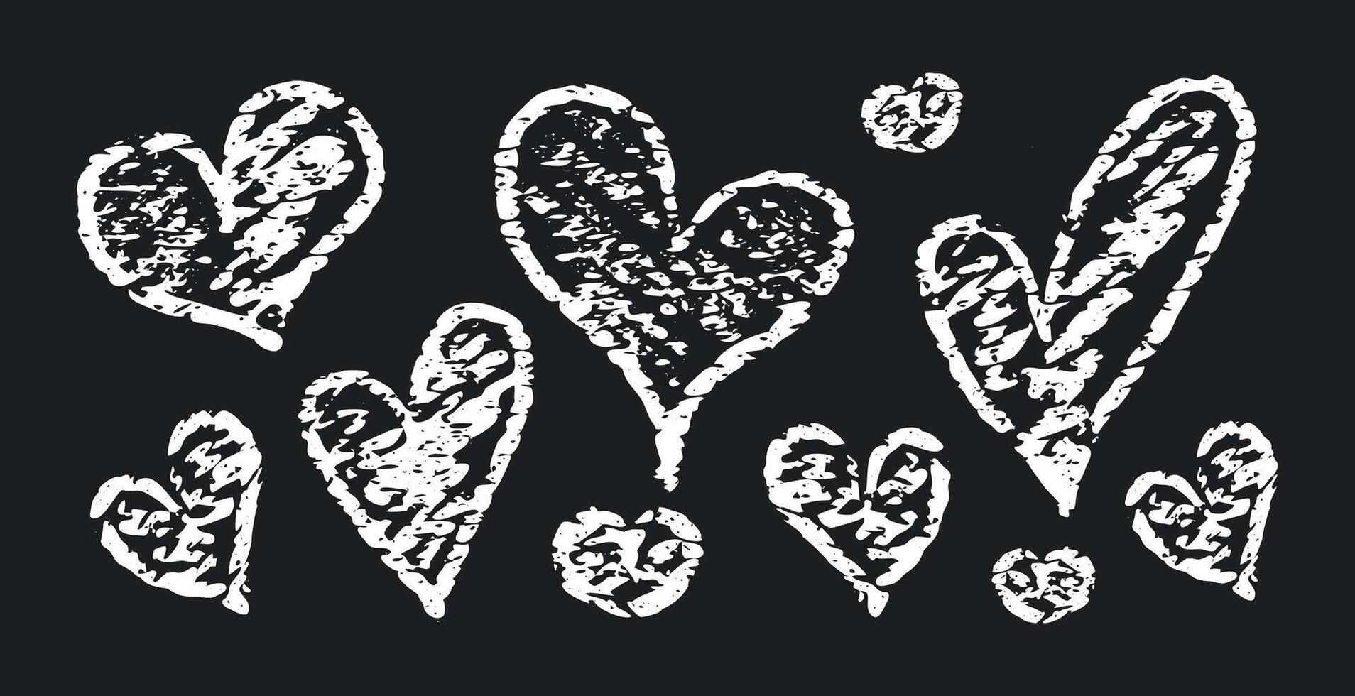 Chalk doodle hearts. Crayon hand drawn pencil heart set. Charcoal symbol of love. design elements for Valentine Day isolated on black background vector