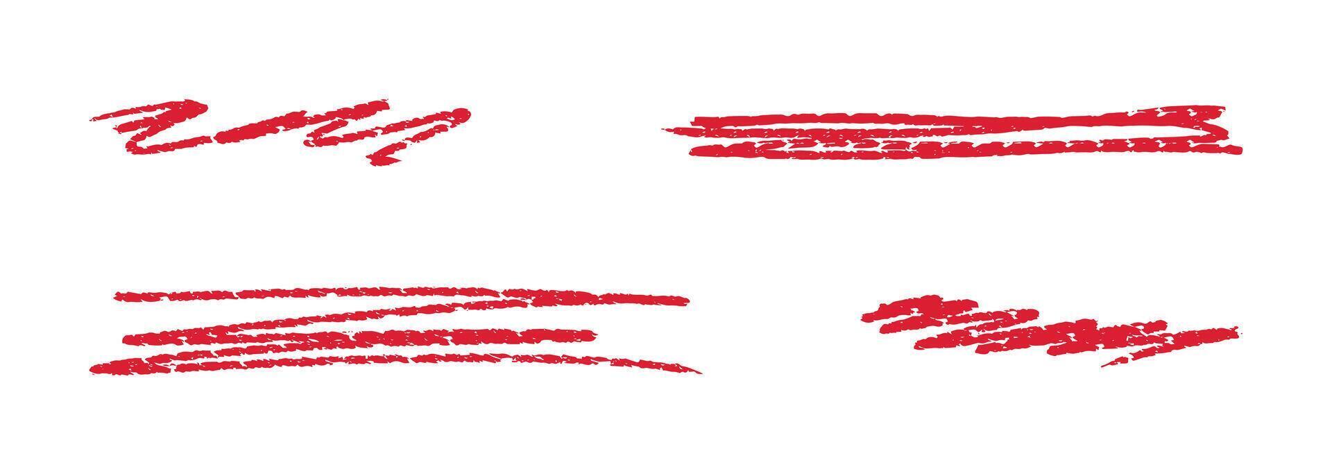 Chalk lines, red brush strokes, crayon pencil underlines. Sketch Charcoal straight horizontal lines. Scribble strokes. Grunge smears, thin and thick dividers. vector