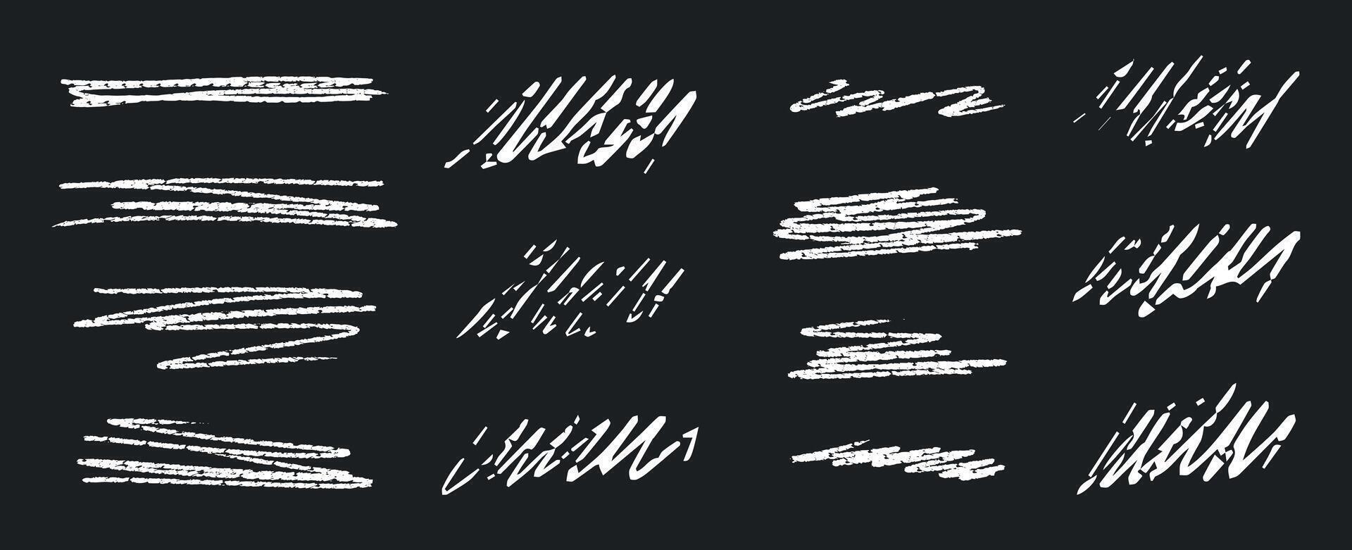 Chalk underlines and stroke line set. Crayon hand drawn pencil lines. Charcoal pencil straight horizontal lines. Scribble strokes on black background vector
