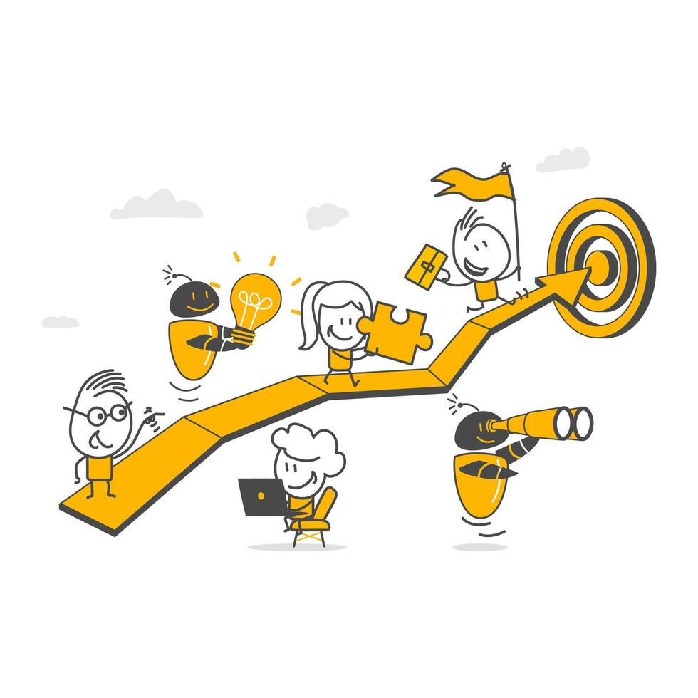 Robotic business team walking towards business growth target on arrow graph. vector