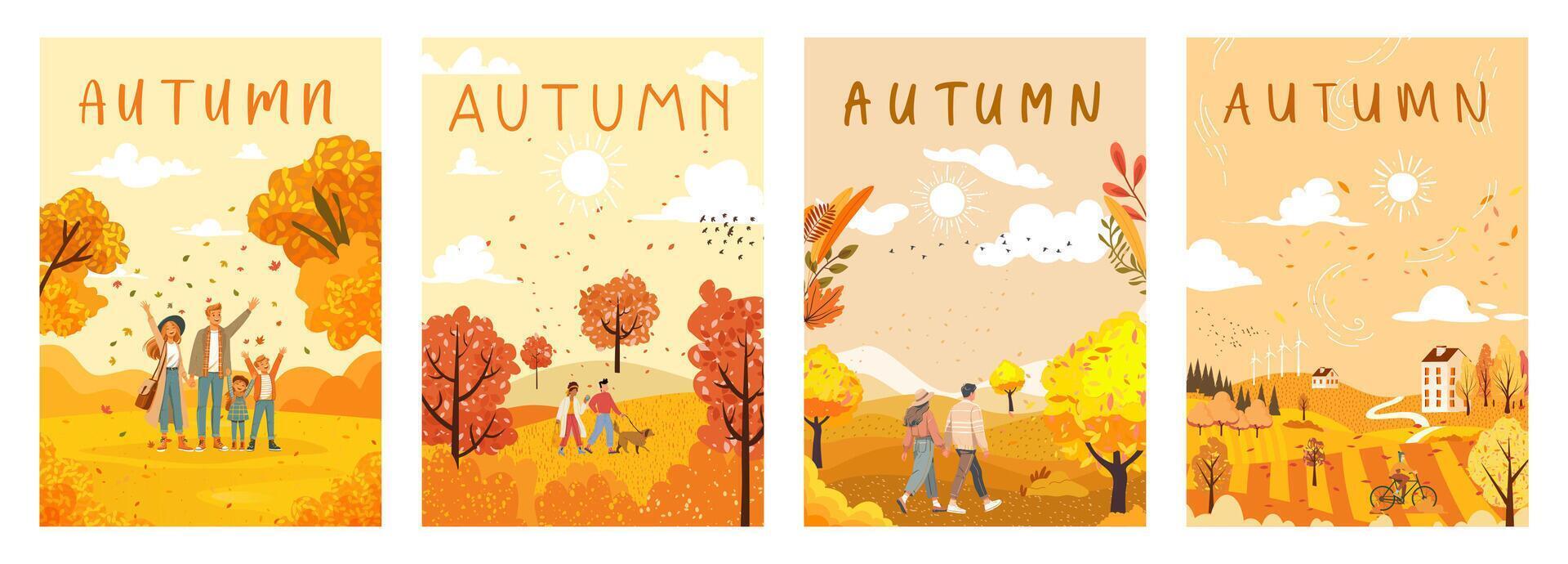 Autumn. Happy people throw colorful autumn leaves in the park. Autumn posters. Nature and landscape. vector