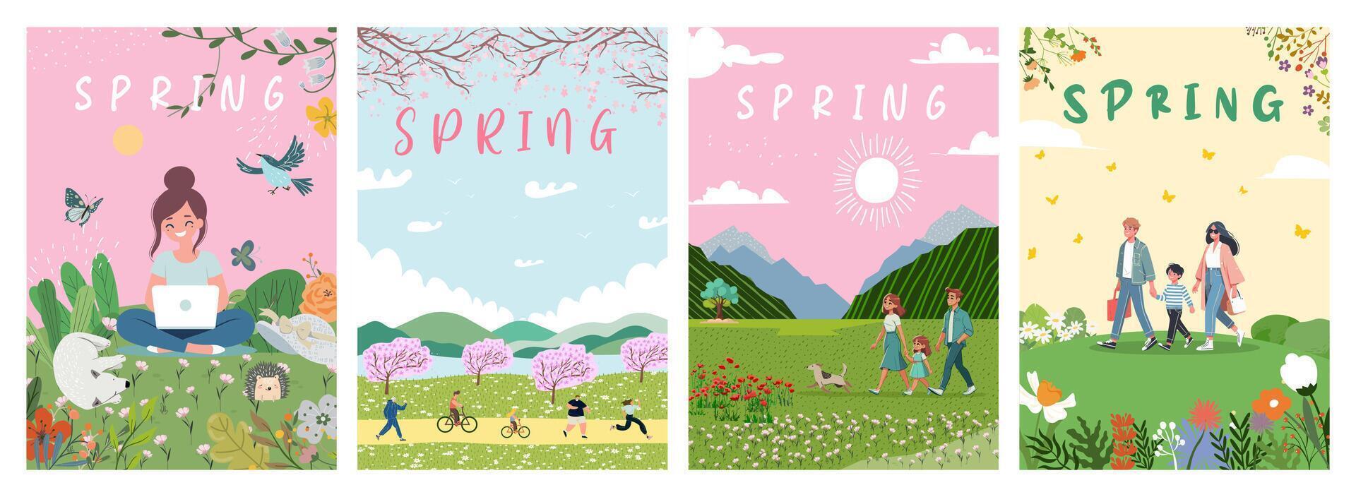 Spring. tree forest Spring park, summer farm poster. Urban city street. vector