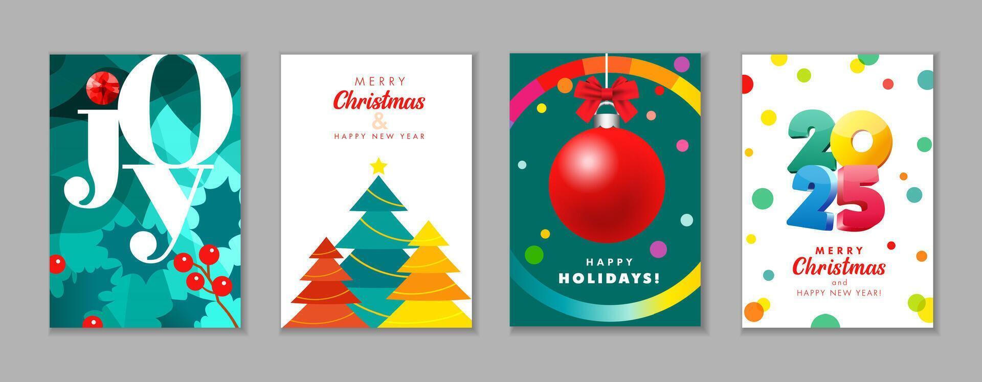 Merry Christmas and Happy New Year 2025 set of banners or postcards vector