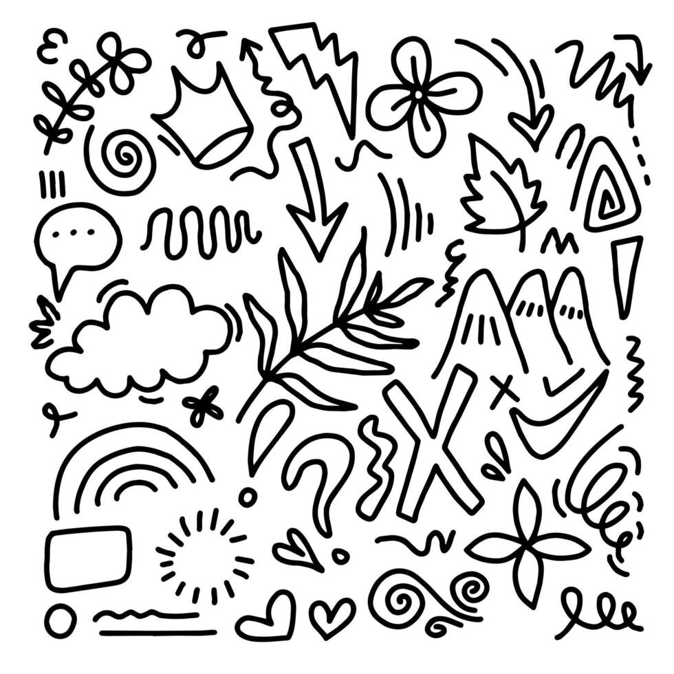 Doodle set of hand drawn elements. Doodle heart, arrow, star, sparkle decoration symbol set icon. vector