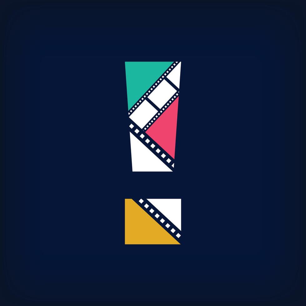 Color film photo collage exclamation mark sign, logo design in modern form. Simple geometric corporate identity design. vector