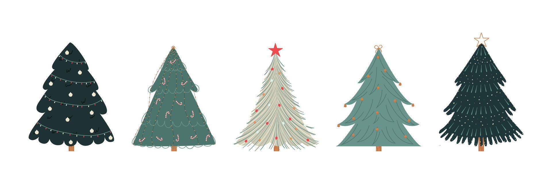 Set of isolated Christmas trees .Collection of decorated New Year trees with minimal decorations, stars, balls, bows, garlands.Hand drawn flat illustration vector