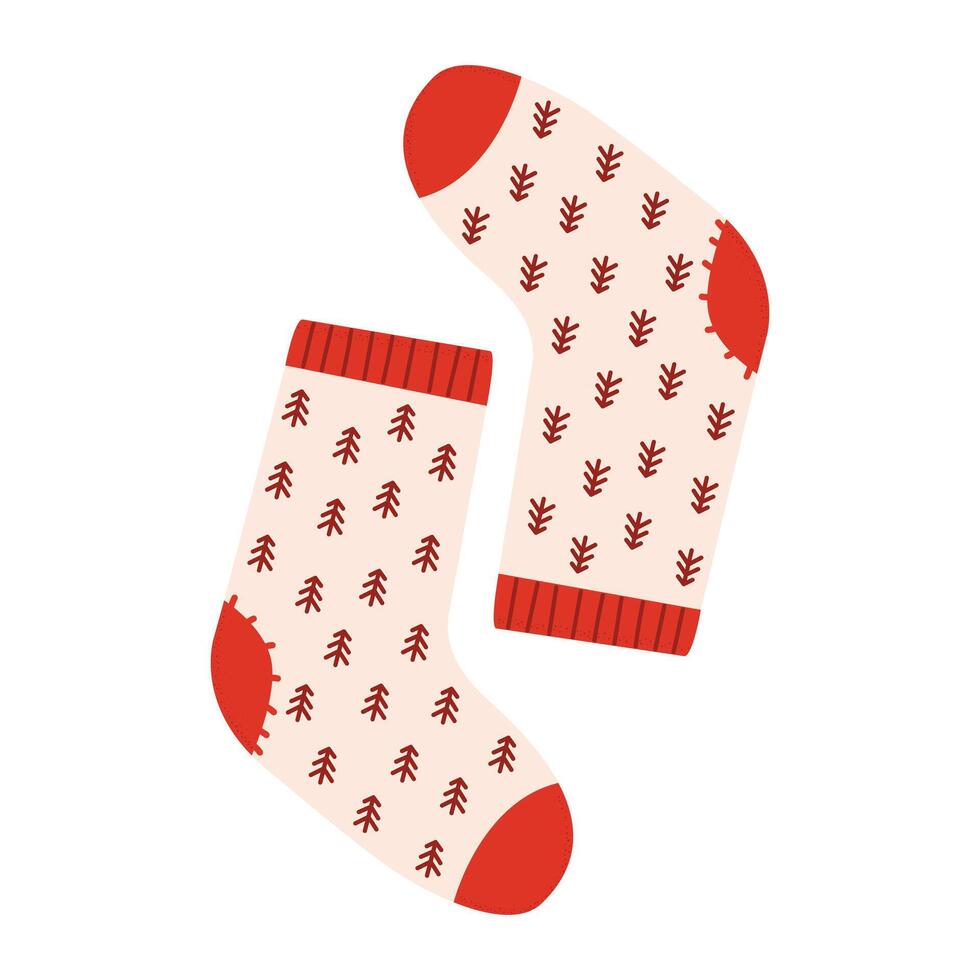Knitted wool and cotton socks with Christmas trees. A pair of colorful winter socks with different holiday patterns isolated on white background. vector