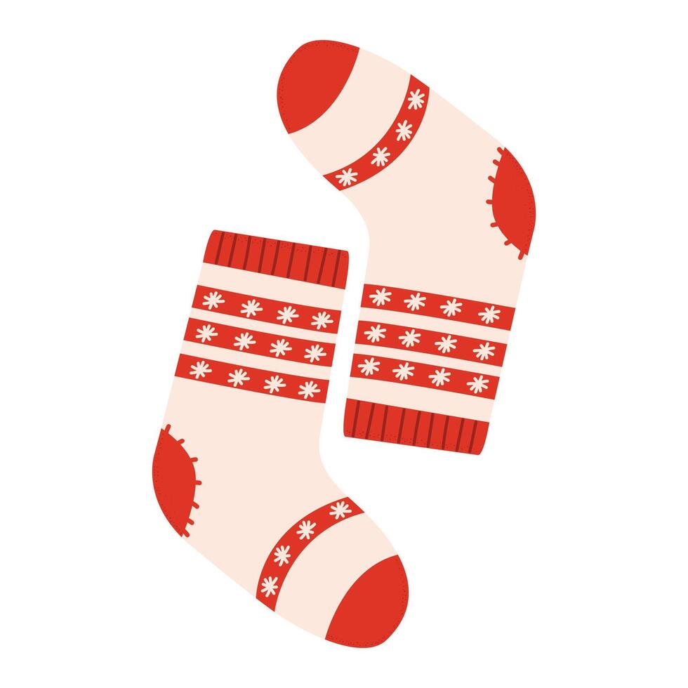 Knitted wool and cotton socks with snowflakes design. Pair of colorful winter socks with different holiday patterns isolated on white background. vector