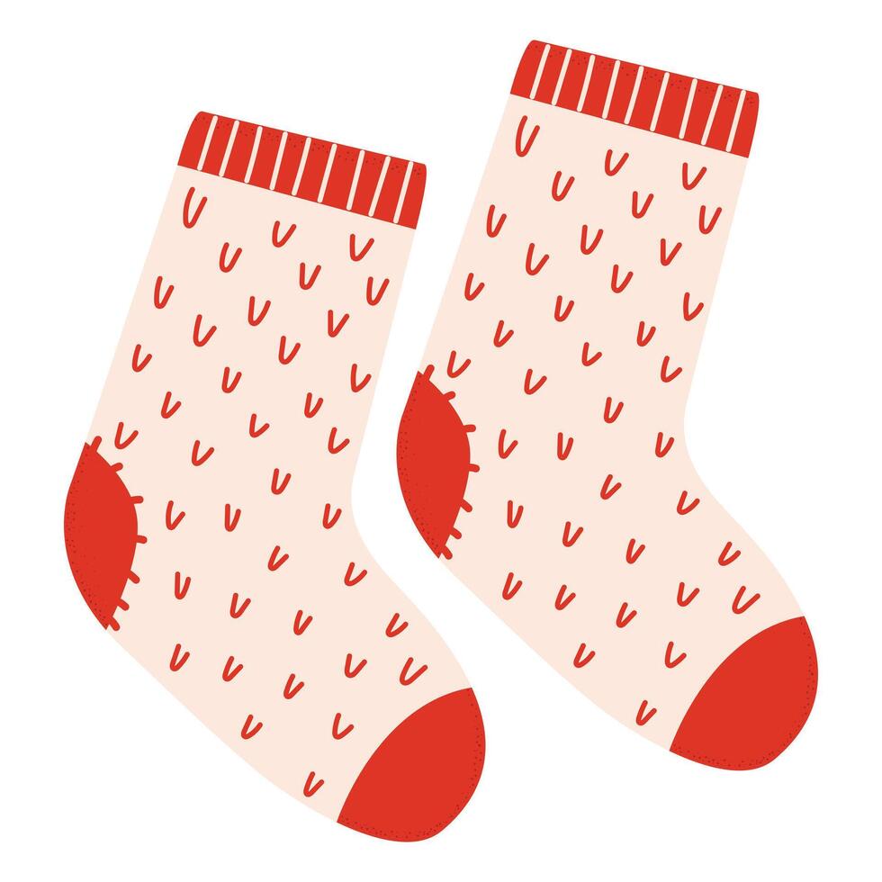 Knitted wool and cotton socks with geometric ornament. Pair of colorful winter socks with different holiday patterns isolated on white background. vector
