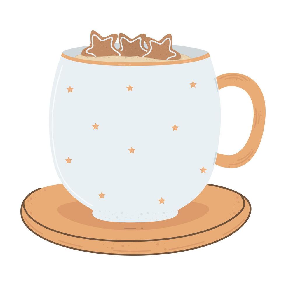 Christmas cocoa drink with gingerbread cookies. Cup with hot drink. Traditional warm cozy chocolate in a simple mug with stars with a stand. Flat illustration for winter holidays vector
