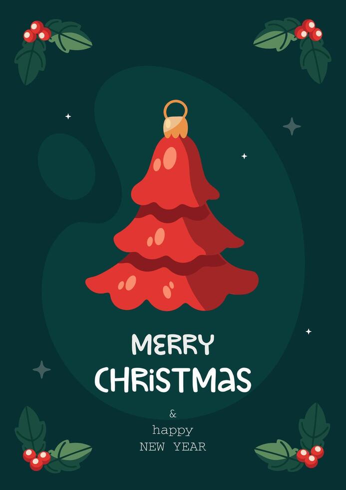 Merry christmas card with red christmas tree vector