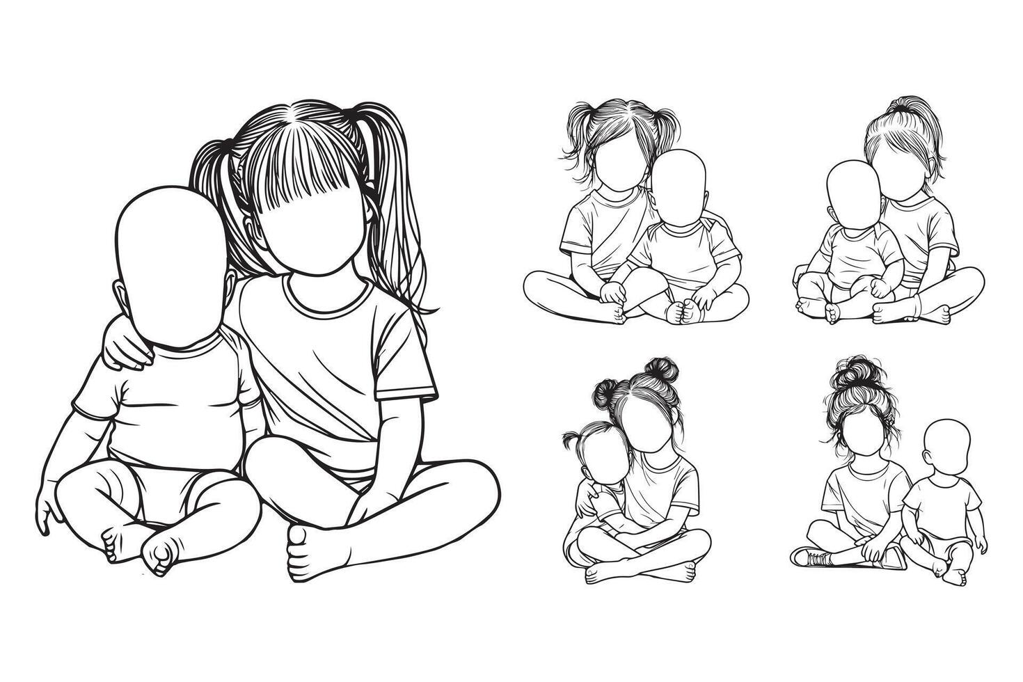 The black and white illustration showcases sibling affection in a seated pose vector