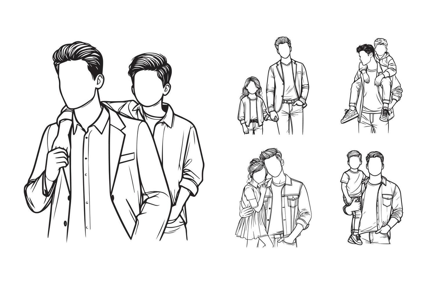 Line Art Happy Love Child Intimate With Father Art Black and White Illustration Hand Drawn Clipart vector