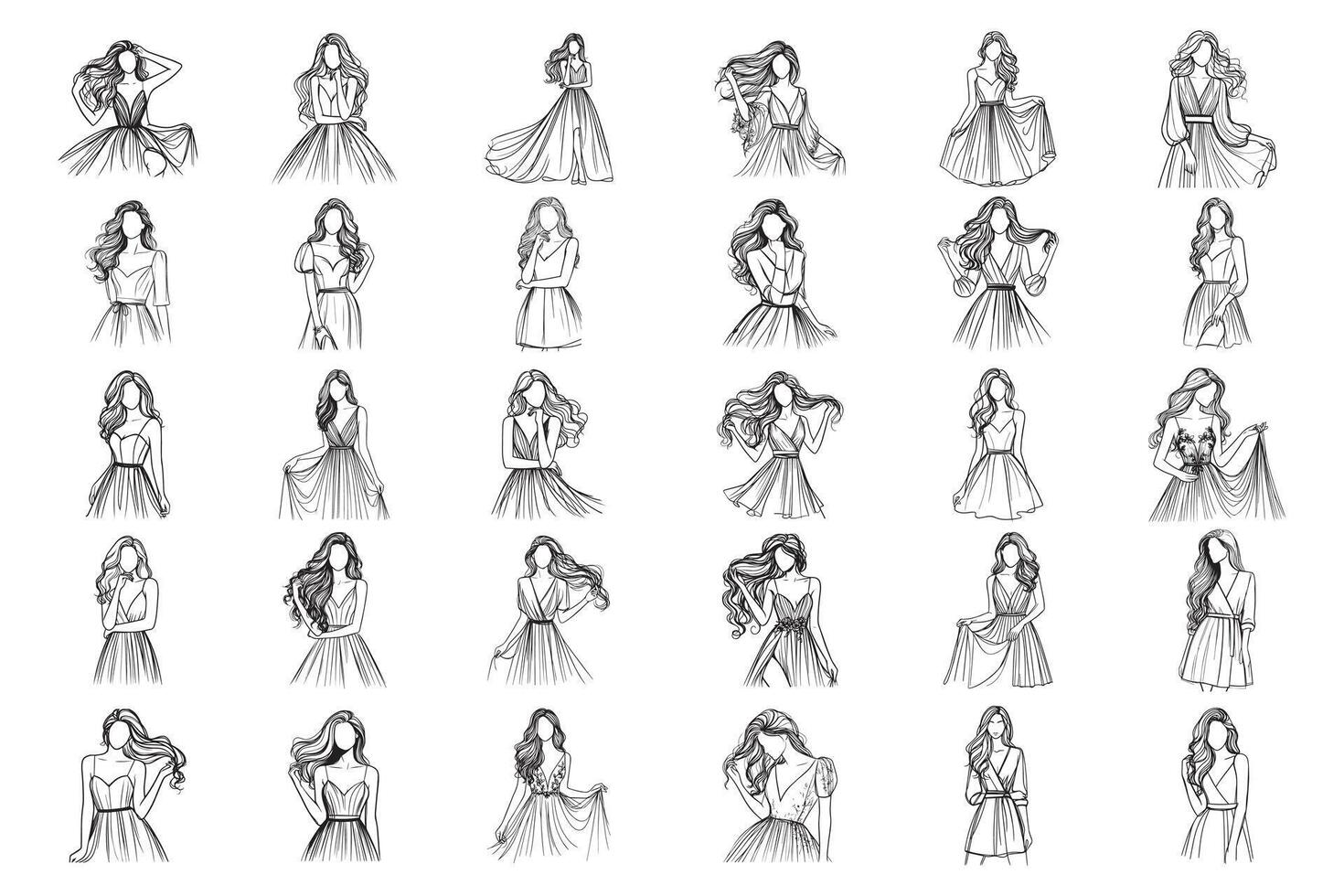 Bundle Line Art Beauty Elegant Women Use Dress Model Photo Art Black and White Illustration Hand Drawn Clipart vector